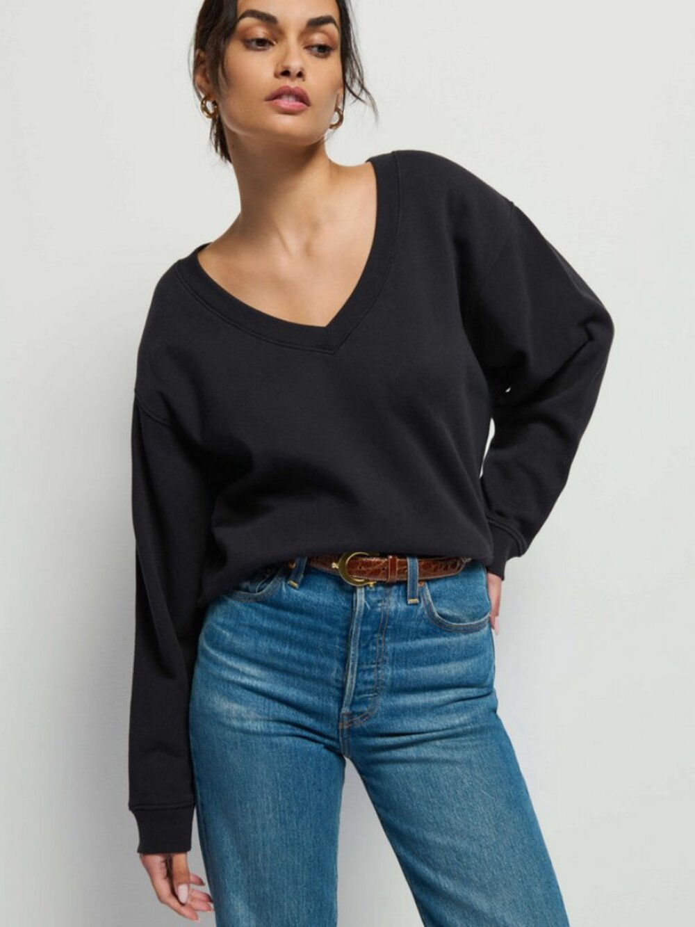 Nation LTD Sz. M Black 100% Cotton Wyatt Oversized V-Neck Sweatshirt